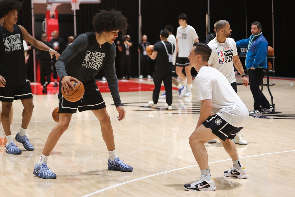 Washington Wizards forward Kyshawn George (18) participates in drills during NBA Rising Stars practice on February 13, 2026 in Inglewood, CA. Washington Wizards forward Kyshawn George (18) participates in drills during NBA Rising Stars practice on February 13, 2026 in Inglewood, CA.
