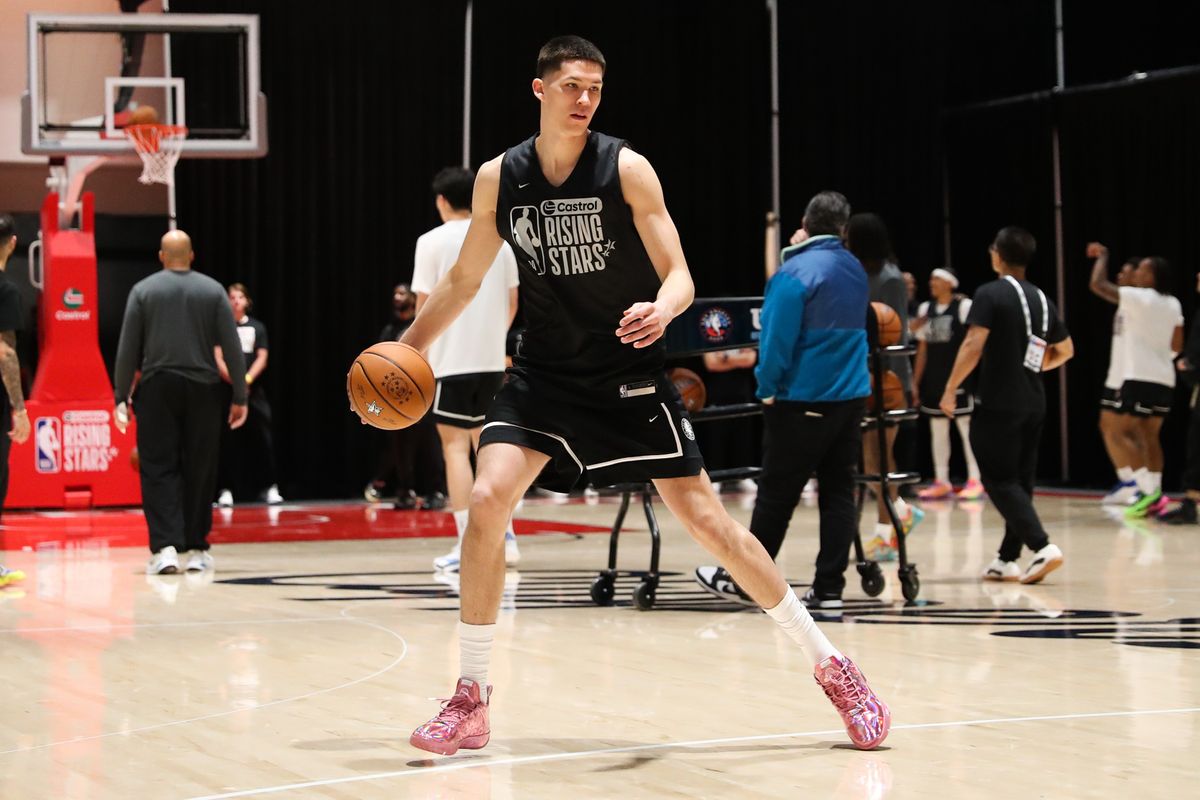 Brooklyn Nets guard Egor Demin (8) participates in drills during NBA Rising Stars practice on February 13, 2026 in Inglewood, CA. Brooklyn Nets guard Egor Demin (8) participates in drills during NBA Rising Stars practice on February 13, 2026 in Inglewood, CA.