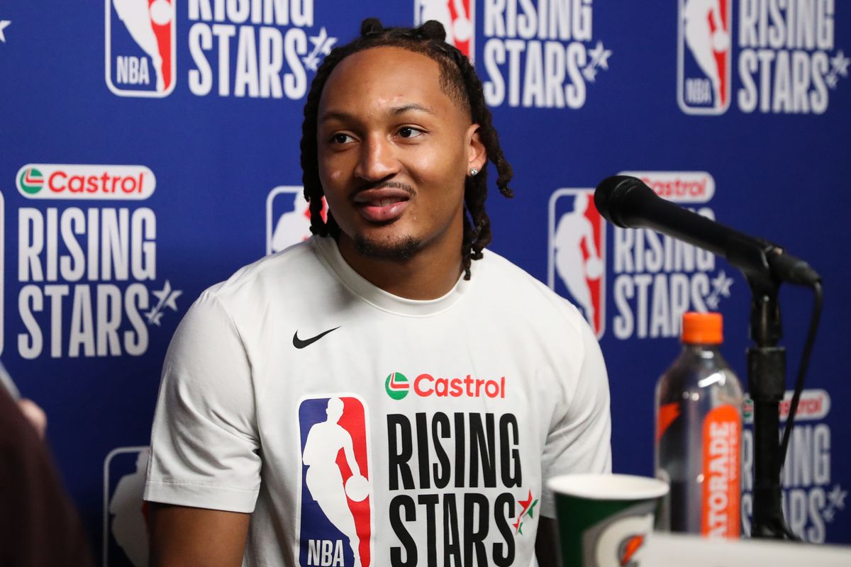 Sioux Falls Skyforce guard Jahmir Young (17) talks to reporters during NBA Rising Stars Media Day on February 13, 2026 in Inglewood, CA. Sioux Falls Skyforce guard Jahmir Young (17) talks to reporters during NBA Rising Stars Media Day on February 13, 2026 in Inglewood, CA.