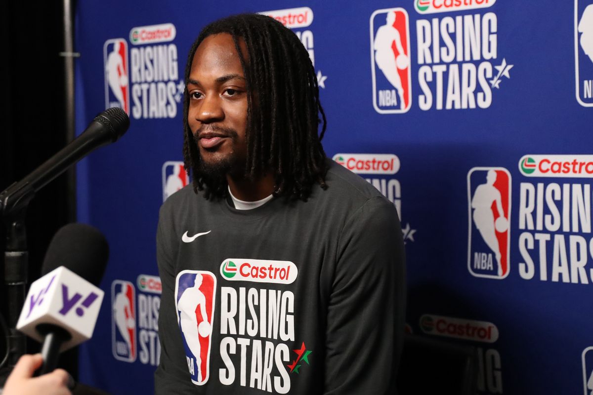 Rio Grande Valley Vipers Tristen Newton guard (13) talks to reporters during NBA Rising Stars Media Day on February 13, 2026 in Inglewood, CA. Rio Grande Valley Vipers Tristen Newton guard (13) talks to reporters during NBA Rising Stars Media Day on February 13, 2026 in Inglewood, CA.