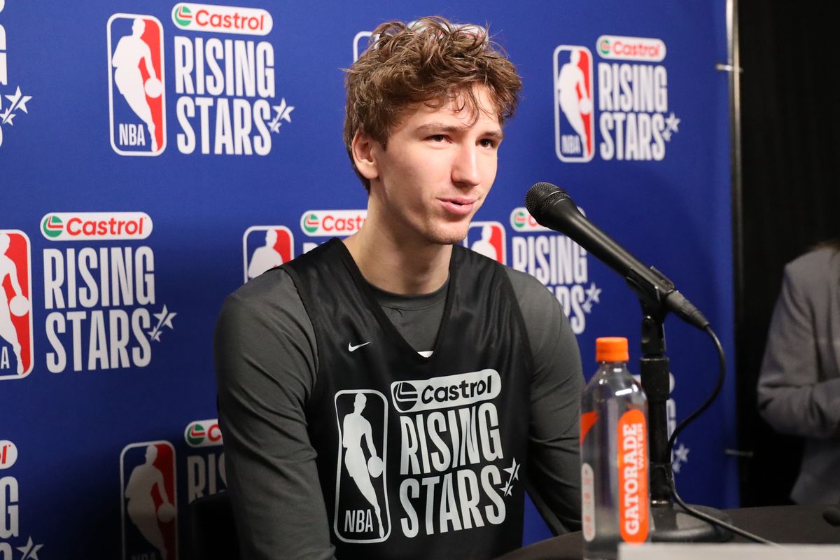 Chicago Bulls forward Matas Buzelis (14) talks to reporters during NBA Rising Stars Media Day on February 13, 2026 in Los Angeles, CA. Chicago Bulls forward Matas Buzelis (14) talks to reporters during NBA Rising Stars Media Day on February 13, 2026 in Los Angeles, CA.