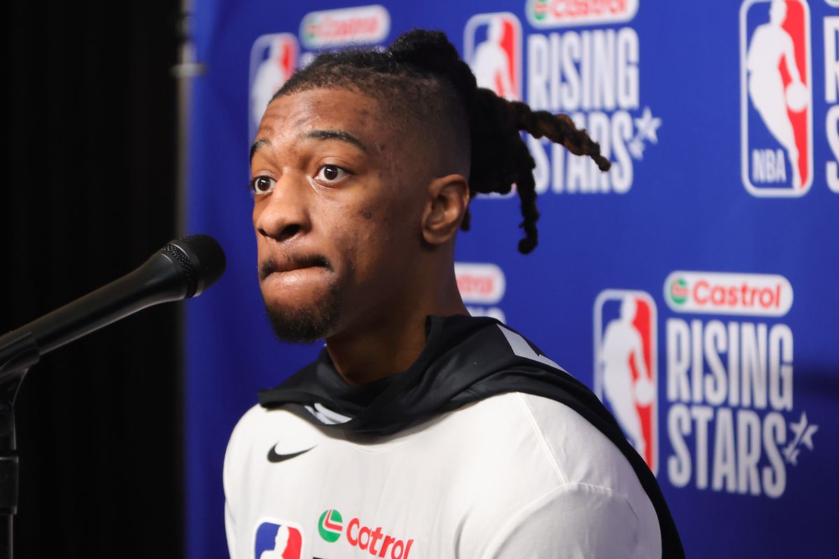 South Bay Lakers forward Sean East II (55) talks to reporters during NBA Rising Stars Media Day on February 13, 2026 in Inglewood, CA. South Bay Lakers forward Sean East II (55) talks to reporters during NBA Rising Stars Media Day on February 13, 2026 in Inglewood, CA.