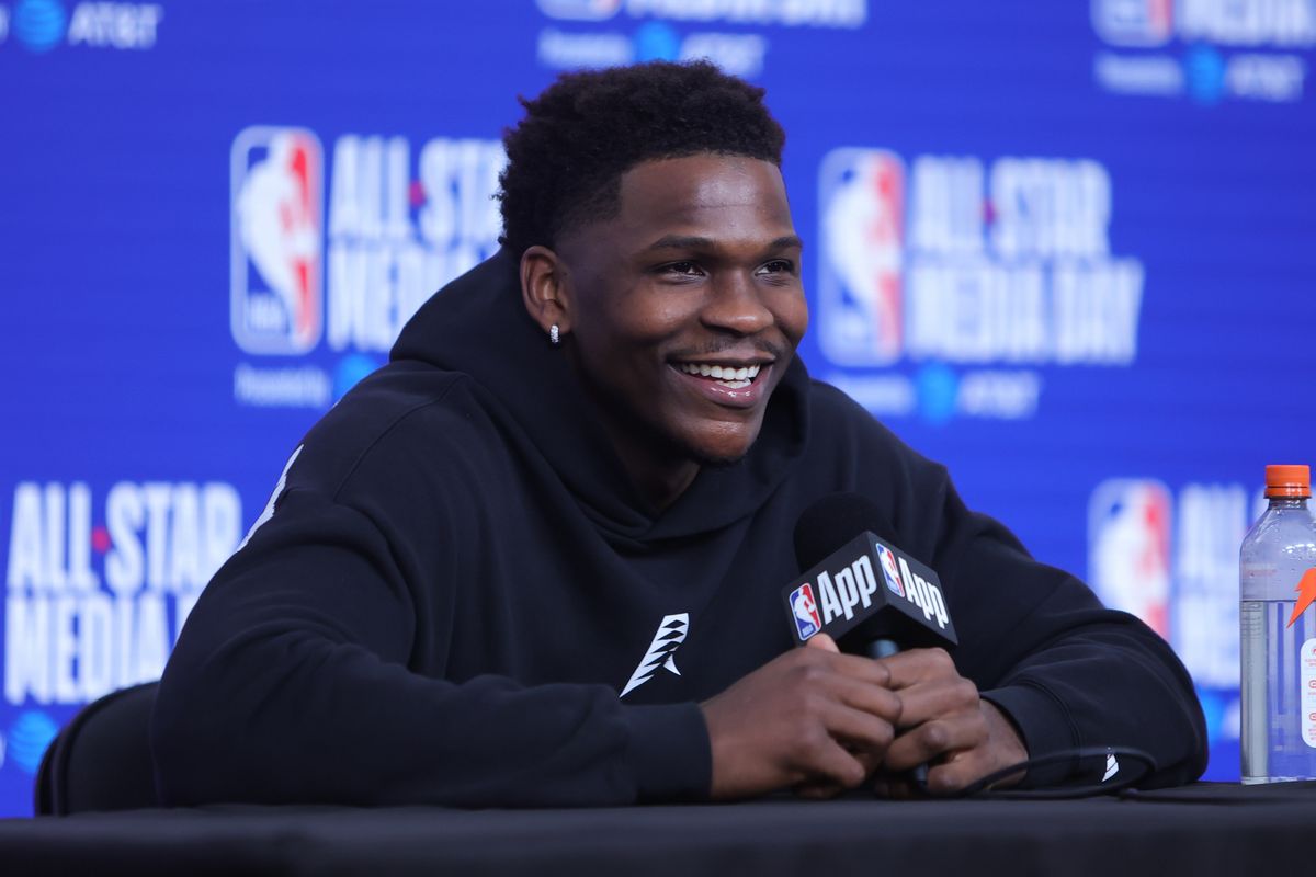 Minnesota Timberwolves guard Anthony Edwards (5) talks to the press during media availability at NBA All Star Media Day on February 14, 2026 in Inglewood, CA. Minnesota Timberwolves guard Anthony Edwards (5) talks to the press during media availability at NBA All Star Media Day on February 14, 2026 in Inglewood, CA.