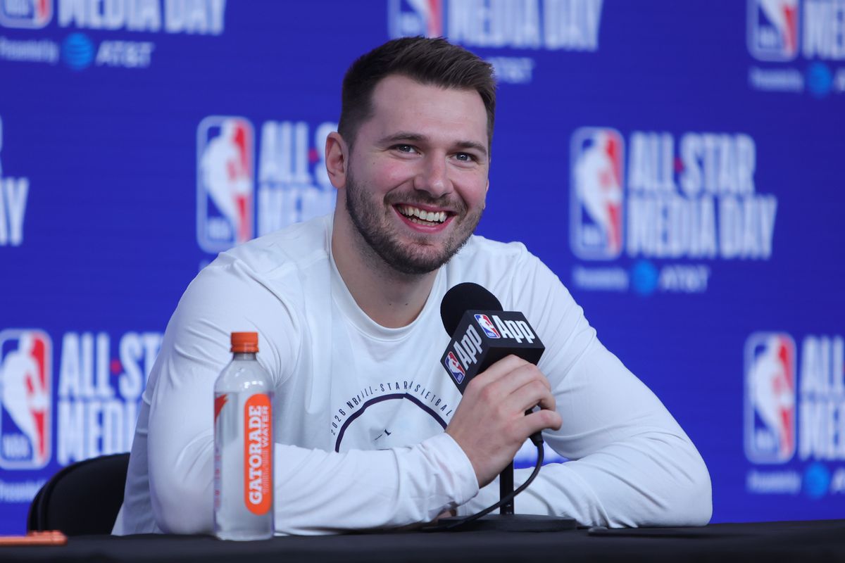 Los Angeles Lakers guard Luka Doncic (77) talks to the press during media availability at NBA All Star Media Day on February 14, 2026 in Inglewood, CA. Los Angeles Lakers guard Luka Doncic (77) talks to the press during media availability at NBA All Star Media Day on February 14, 2026 in Inglewood, CA.