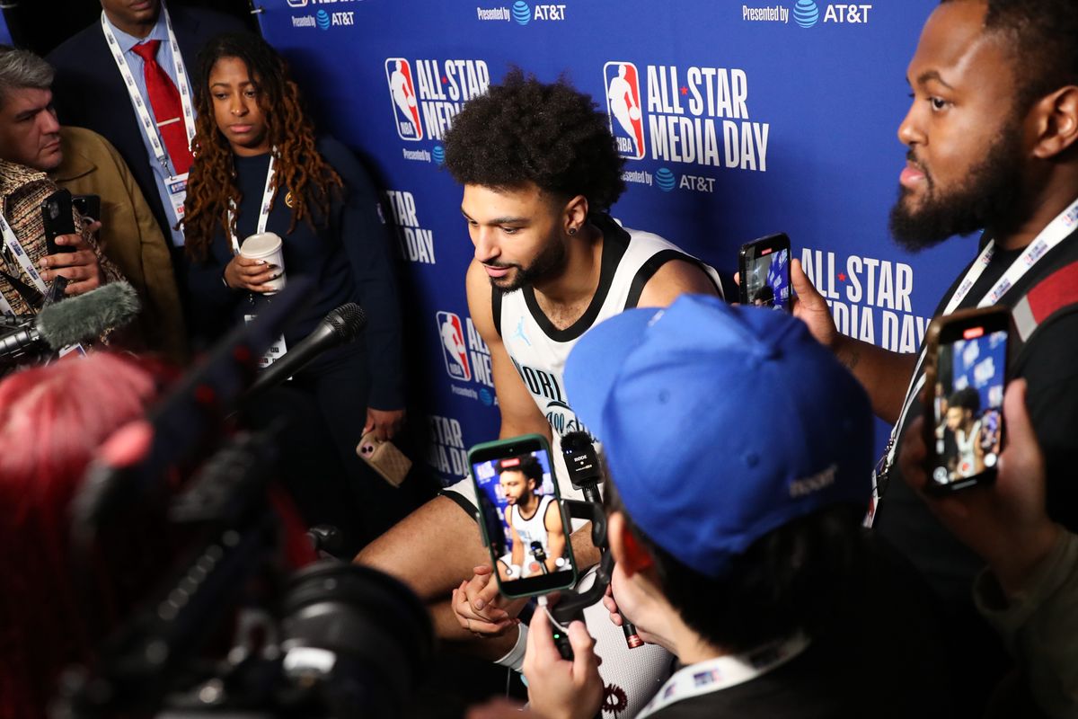 Denver Nuggets guard Jamal Murray (27) talks to the press during media availability at NBA All Star Media Day on February 14, 2026 in Inglewood, CA. Denver Nuggets guard Jamal Murray (27) talks to the press during media availability at NBA All Star Media Day on February 14, 2026 in Inglewood, CA.