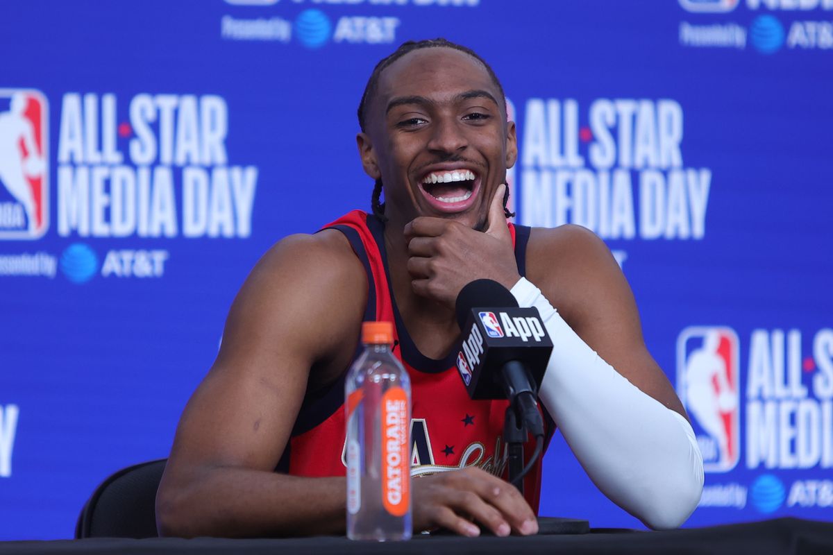 Philadelphia 76ers guard Tyrese Maxey (0) talks to the press during media availability at NBA All Star Media Day on February 14, 2026 in Inglewood, CA. Philadelphia 76ers guard Tyrese Maxey (0) talks to the press during media availability at NBA All Star Media Day on February 14, 2026 in Inglewood, CA.