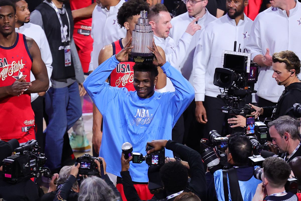 Team Stars guard Anthony Edwards (5) celebrates winning the MVP award at the NBA All Star Game on February 15, 2026 in Inglewood, CA.