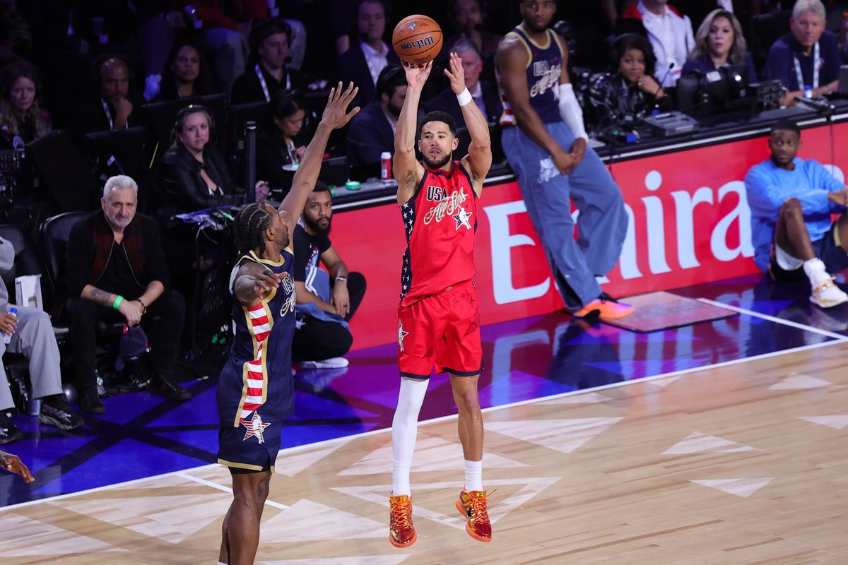 Team Stars guard Devin Booker (1) shoots the basketball during the NBA All Star Game on February 15, 2026 in Inglewood, CA.
