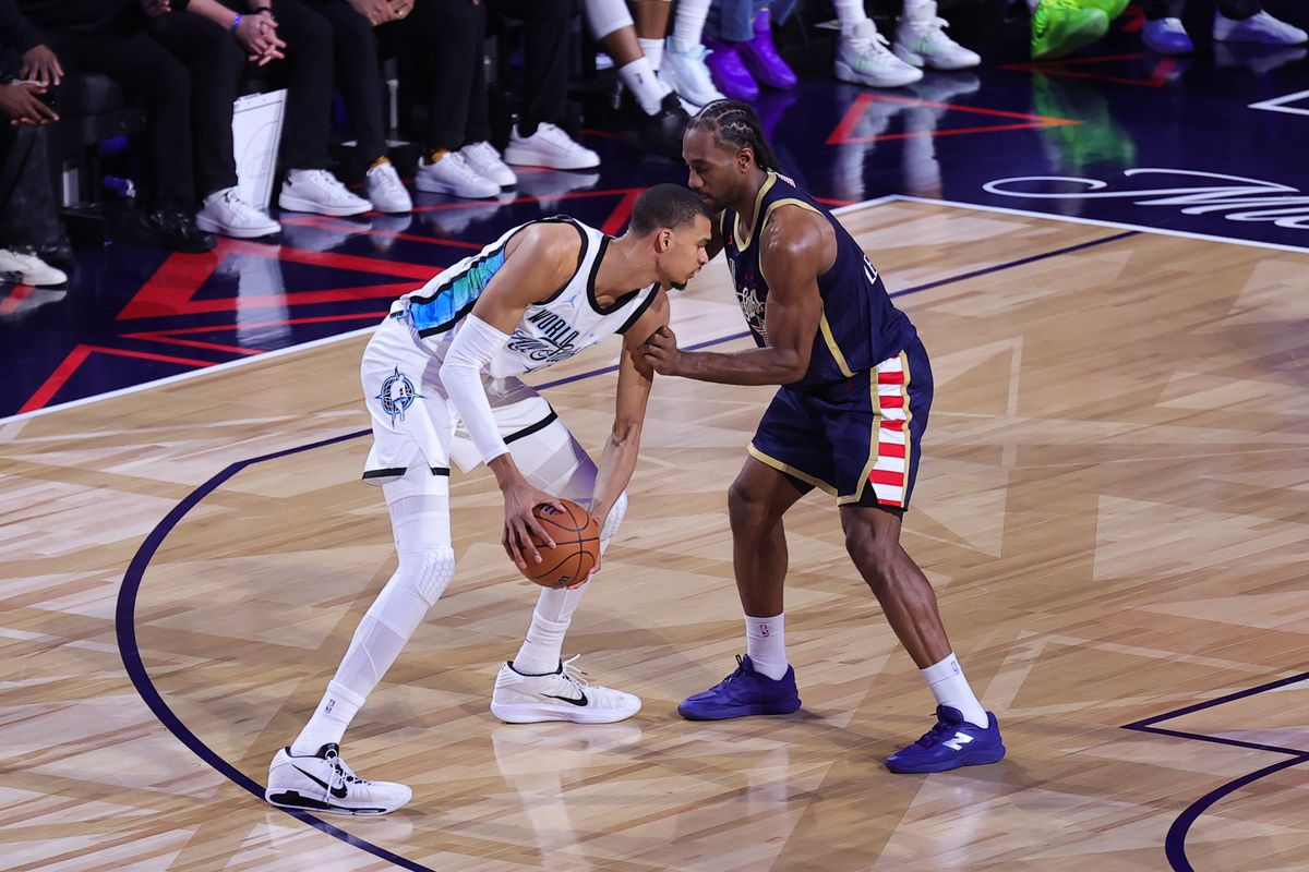 Team Stripes forward Kawhi Leonard (2) defends against Team World center Victor Wembanyama (1) during the NBA All Star Game on February 15, 2026 in Inglewood, CA.