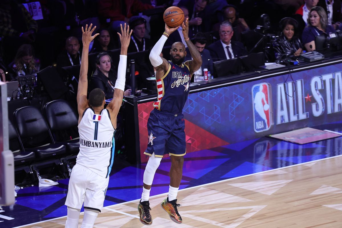 Team Stripes forward LeBron James (23) shoots the basketball during the NBA All Star Game on February 15, 2026 in Inglewood, CA.