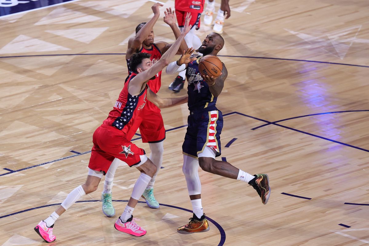 Team Stripes forward LeBron James (23) drives the lane during the NBA All Star Game on February 15, 2026 in Inglewood, CA.