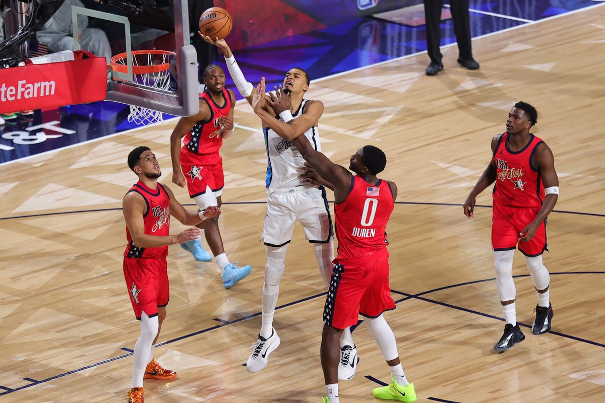 Team World center Victor Wembanyama (1) attempts a lay up during the NBA All Star Game on February 15, 2026 in Inglewood, CA.