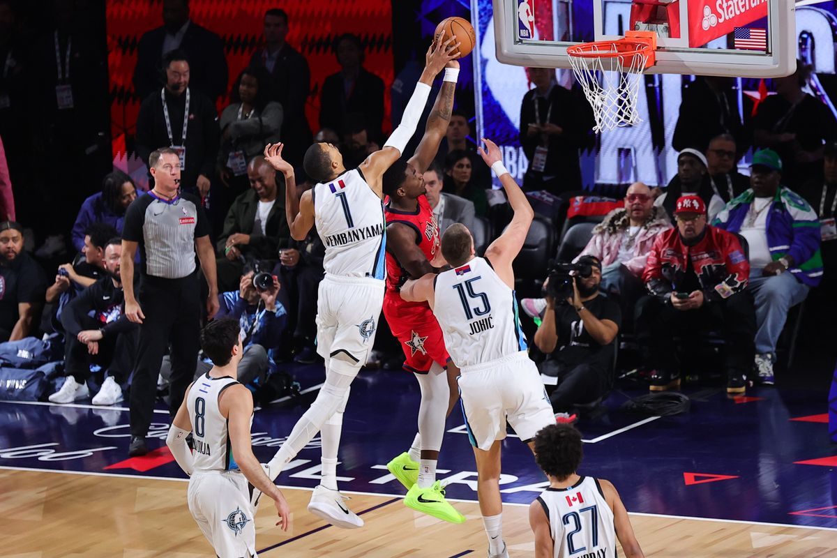 Team World center Victor Wembanyama (1) blocks a shot during the NBA All Star Game on February 15, 2026 in Inglewood, CA.