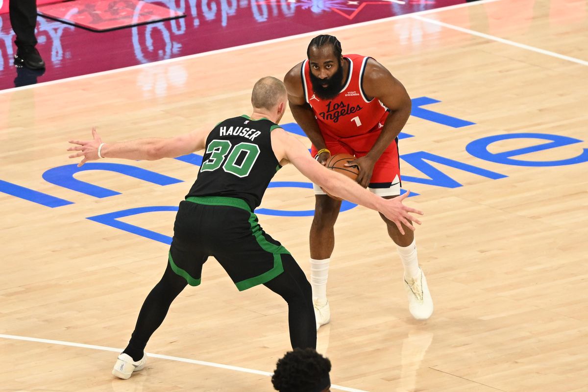Los Angeles Clippers guard James Harden, #1, squares up against a defender during an NBA basketball game against the Boston Celtics, Saturday January 3, 2026 at Intuit Dome in Inglewood, Calif. Los Angeles Clippers guard James Harden, #1, squares up against a defender during an NBA basketball game against the Boston Celtics, Saturday January 3, 2026 at Intuit Dome in Inglewood, Calif.