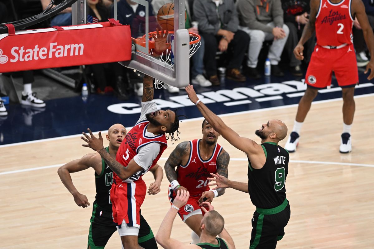 Los Angeles Clippers small forward Derrick Jones Jr, #5, scores a layup under the basket during an NBA basketball game against the Boston Celtics, Saturday January 3, 2026 at Intuit Dome in Inglewood, Calif. Los Angeles Clippers small forward Derrick Jones Jr, #5, scores a layup under the basket during an NBA basketball game against the Boston Celtics, Saturday January 3, 2026 at Intuit Dome in Inglewood, Calif.