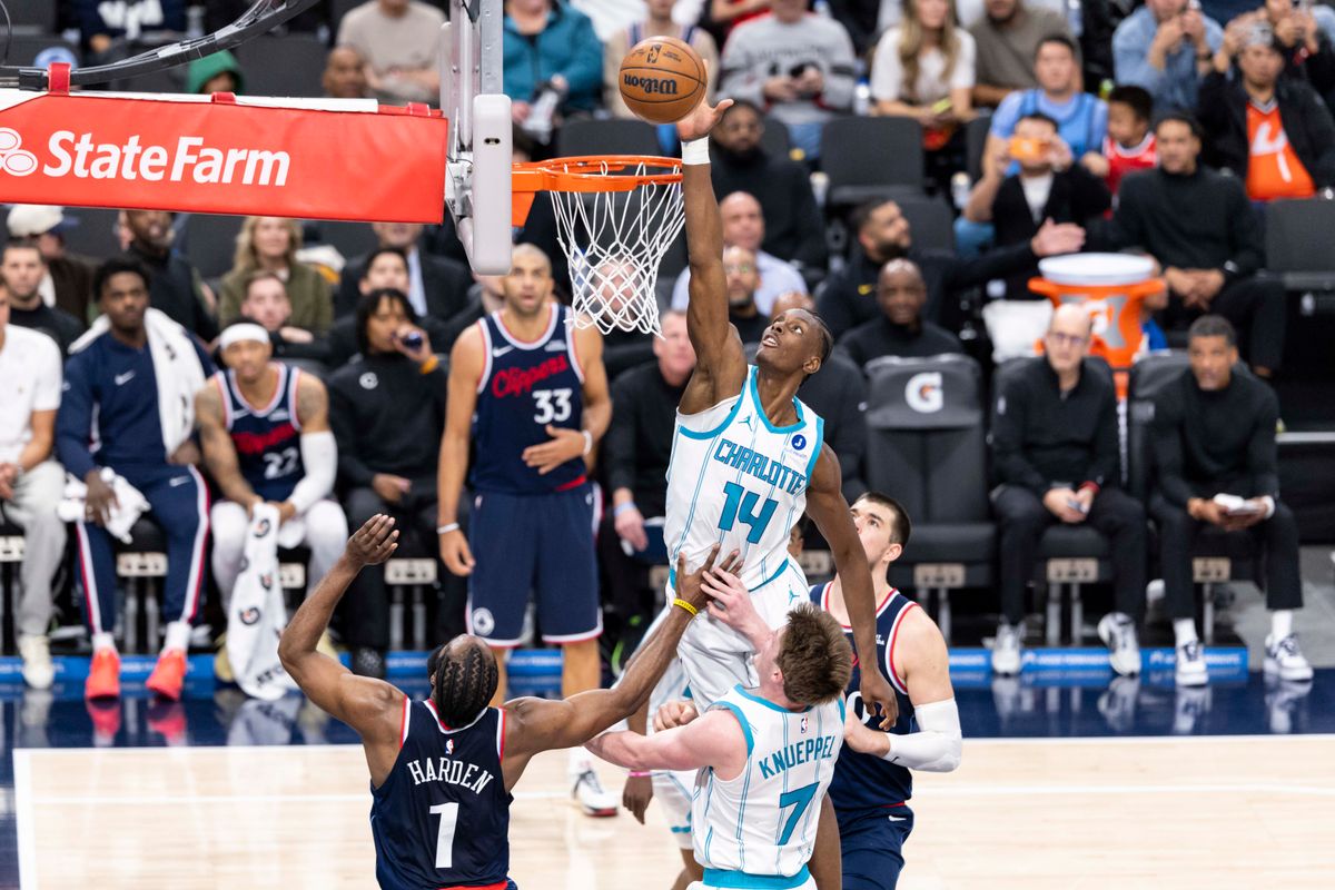 Moussa Diabate #14 of the Charlotte Hornets blocks a shot during an NBA basketball game against the LA Clippers, Monday January 12, 2026 in Inglewood, Calif. Moussa Diabate #14 of the Charlotte Hornets blocks a shot during an NBA basketball game against the LA Clippers, Monday January 12, 2026 in Inglewood, Calif.