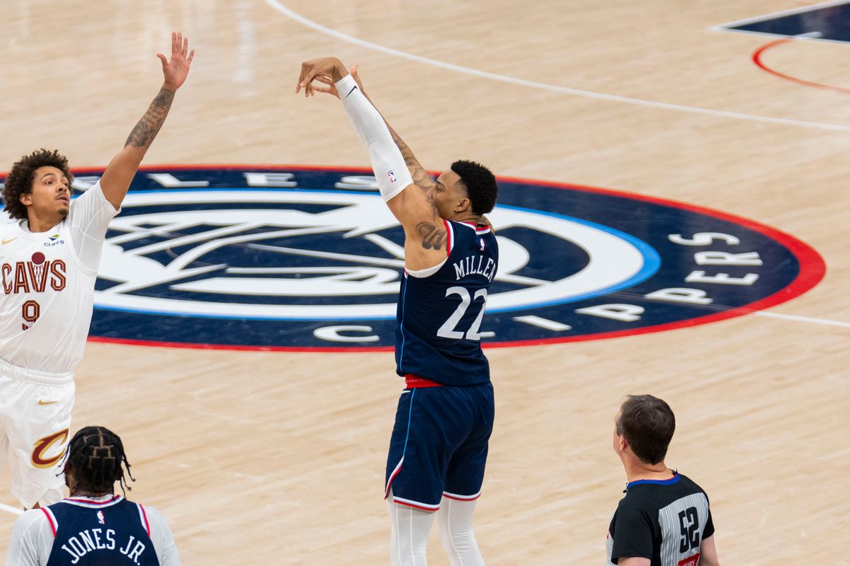 Los Angeles Clippers guard Jordan Miller (22) takes a three during an NBA basketball game against the Cleveland Cavaliers, Wednesday February 4th, 2026 in Los Angeles, California. Los Angeles Clippers guard Jordan Miller (22) takes a three during an NBA basketball game against the Cleveland Cavaliers, Wednesday February 4th, 2026 in Los Angeles, California.