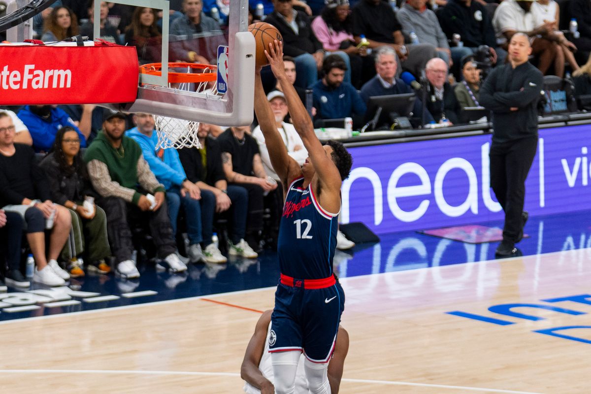Los Angeles Clippers guard Cam Christie (12) finishes the fast break dunk during an NBA basketball game against the Cleveland Cavaliers, Wednesday February 4th, 2026 in Los Angeles, California. Los Angeles Clippers guard Cam Christie (12) finishes the fast break dunk during an NBA basketball game against the Cleveland Cavaliers, Wednesday February 4th, 2026 in Los Angeles, California.