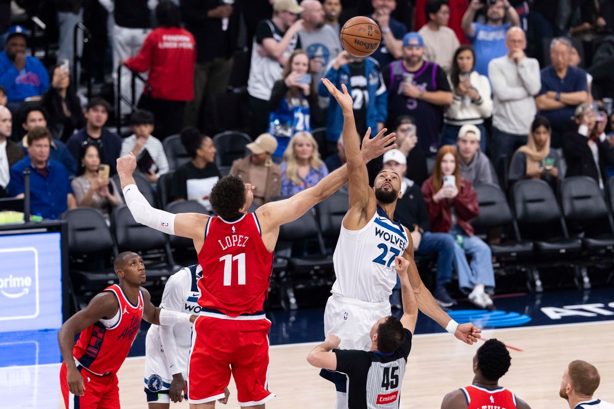 Brook Lopez #11 of the LA Clippers and Rudy Gobert #27 of the Minnesota Timberwolves reach for the opening tip-off during an NBA basketball game, Thursday February 26, 2026 in Inglewood, Calif. Brook Lopez #11 of the LA Clippers and Rudy Gobert #27 of the Minnesota Timberwolves reach for the opening tip-off during an NBA basketball game, Thursday February 26, 2026 in Inglewood, Calif.