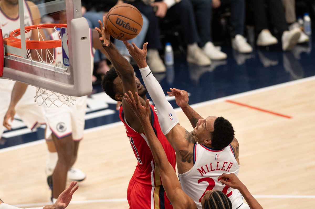LA Clippers small forward Jordan Miller (22) is blocked at the rim during an NBA game between the New Orleans Pelicans and the LA Clippers on Sunday, March 1, 2026 at Intuit Dome in Inglewood Calif LA Clippers small forward Jordan Miller (22) is blocked at the rim during an NBA game between the New Orleans Pelicans and the LA Clippers on Sunday, March 1, 2026 at Intuit Dome in Inglewood Calif