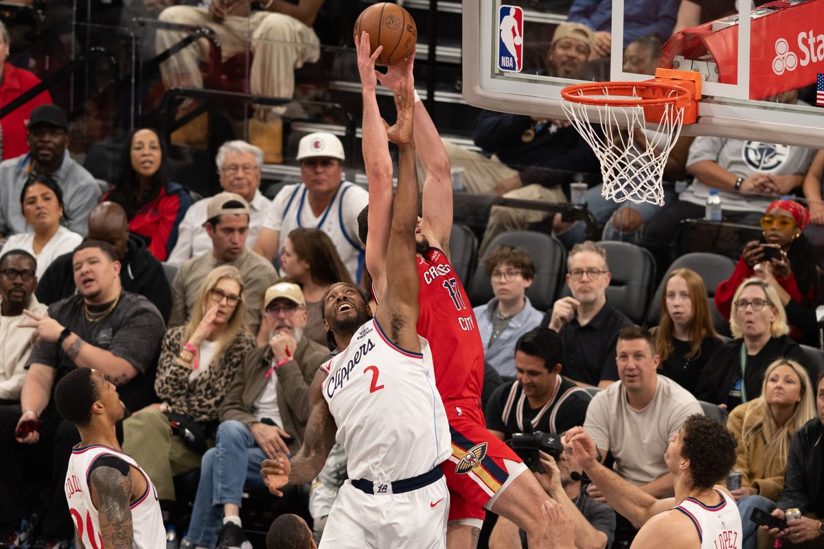 LA Clippers guard Kawhi Leonard (2) jumps to block a shot during an NBA game between the New Orleans Pelicans and the LA Clippers on Sunday, March 1, 2026 at Intuit Dome in Inglewood Calif LA Clippers guard Kawhi Leonard (2) jumps to block a shot during an NBA game between the New Orleans Pelicans and the LA Clippers on Sunday, March 1, 2026 at Intuit Dome in Inglewood Calif