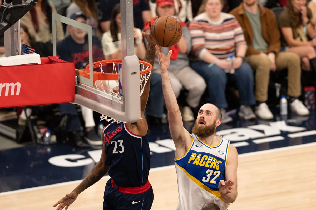 Indiana Pacers center Jay Huff (32) gets blocked at the rim during an NBA game between the Indiana Pacers and the LA Clippers on Wednesday, March 4, 2026 at Intuit Dome in Inglewood Calif Indiana Pacers center Jay Huff (32) gets blocked at the rim during an NBA game between the Indiana Pacers and the LA Clippers on Wednesday, March 4, 2026 at Intuit Dome in Inglewood Calif