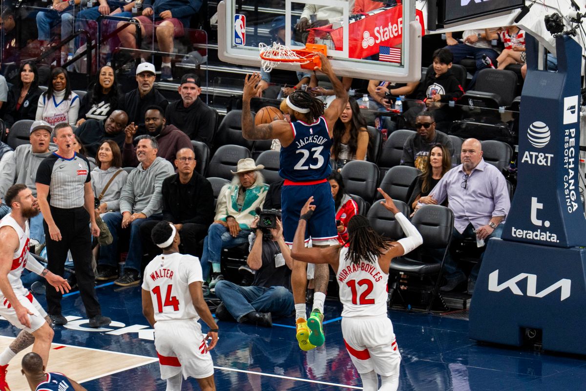 Los Angeles Clippers forward Isaiah Jackson (23) finishes the dunk during an NBA basketball game against the Toronto Raptors, Wednesday March 25th, 2026 in Los Angeles, California. Los Angeles Clippers forward Isaiah Jackson (23) finishes the dunk during an NBA basketball game against the Toronto Raptors, Wednesday March 25th, 2026 in Los Angeles, California.