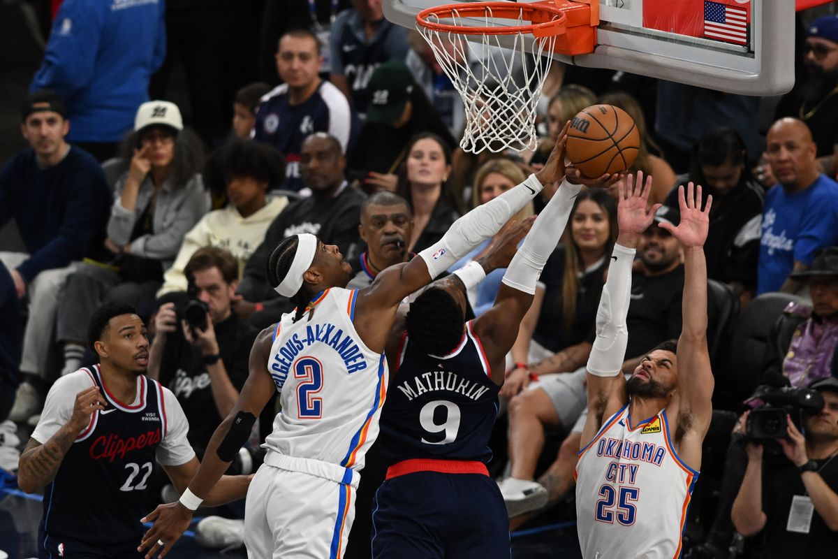 OKC Thunder guard Shai Gilgeous-Alexander (2) blocks a shot by LA Clippers guard Benedict Mathurin (9) during a game between the Los Angeles Clippers and OKC Thunder on Wednesday, April 8, 2026 at Intuit Dome in Inglewood Calif OKC Thunder guard Shai Gilgeous-Alexander (2) blocks a shot by LA Clippers guard Benedict Mathurin (9) during a game between the Los Angeles Clippers and OKC Thunder on Wednesday, April 8, 2026 at Intuit Dome in Inglewood Calif
