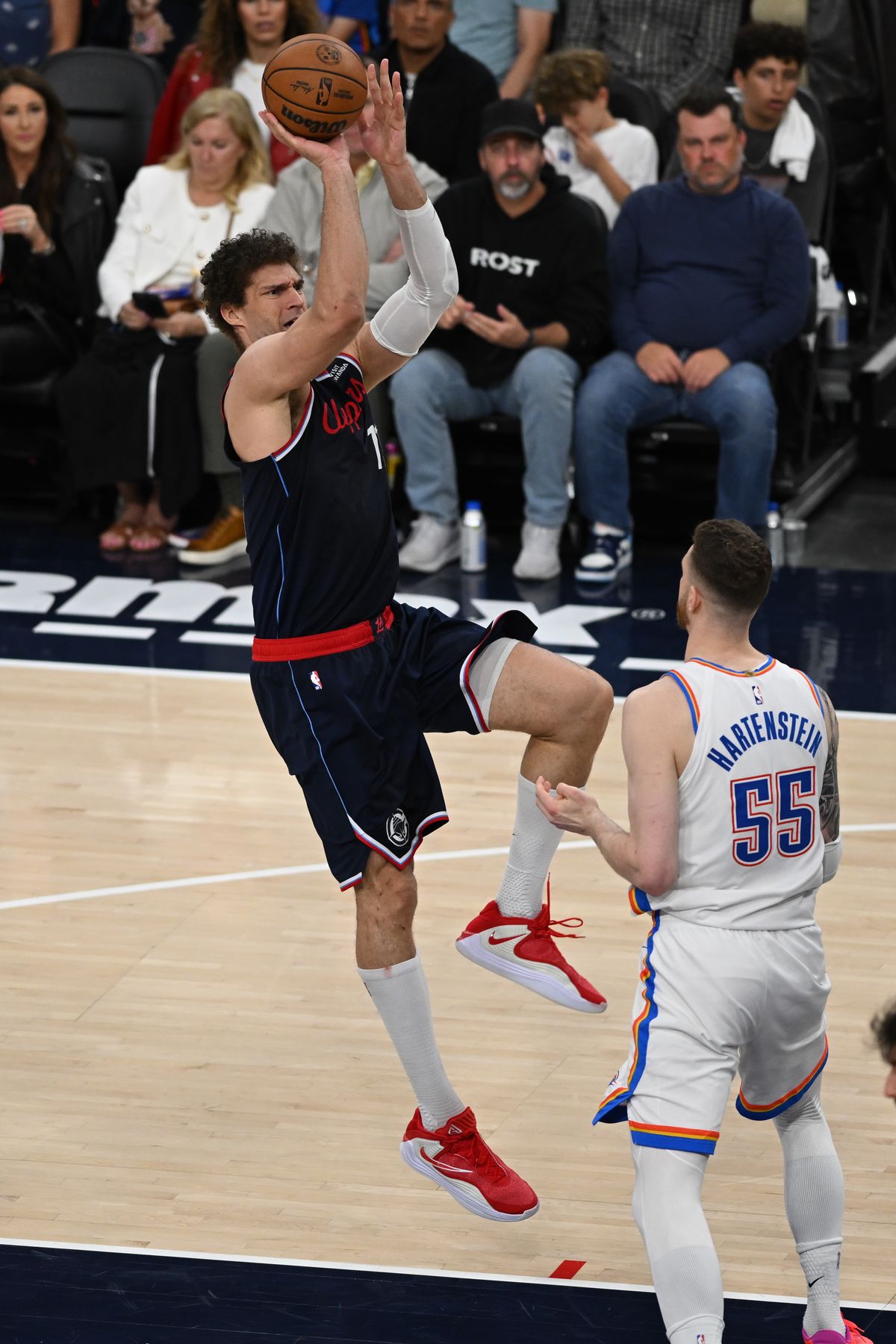 Los Angeles Clippers center Brook Lopez (11) takes a jump shot during a game between the Los Angeles Clippers and OKC Thunder on Wednesday, April 8, 2026 at Intuit Dome in Inglewood Calif Los Angeles Clippers center Brook Lopez (11) takes a jump shot during a game between the Los Angeles Clippers and OKC Thunder on Wednesday, April 8, 2026 at Intuit Dome in Inglewood Calif