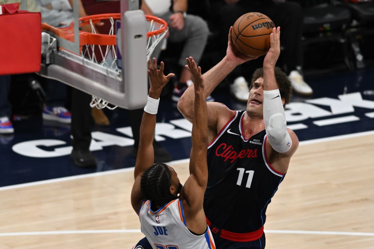 Los Angeles Clippers center Brook Lopez (11) jumps for a follow up shot during a game between the Los Angeles Clippers and OKC Thunder on Wednesday, April 8, 2026 at Intuit Dome in Inglewood Calif Los Angeles Clippers center Brook Lopez (11) jumps for a follow up shot during a game between the Los Angeles Clippers and OKC Thunder on Wednesday, April 8, 2026 at Intuit Dome in Inglewood Calif