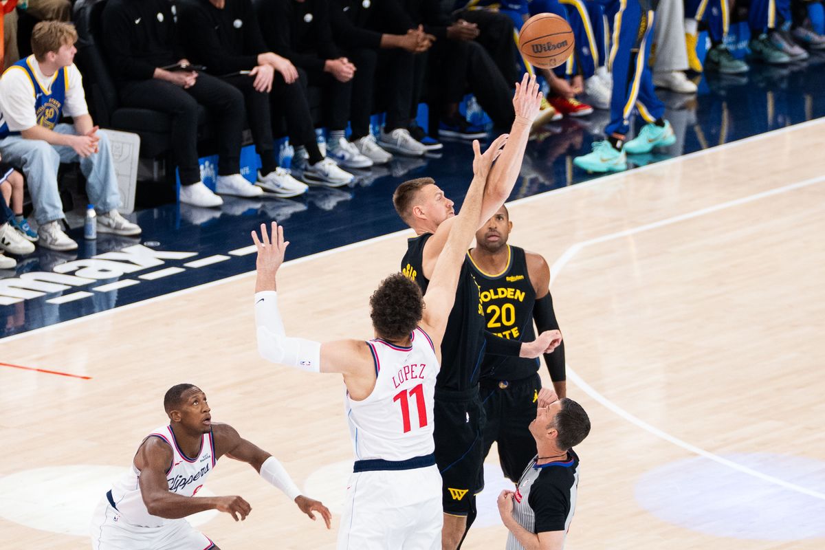 Los Angeles Clippers center Brook Lopez (11) jumps for tip-off during an NBA basketball game against the Golden State Warriors,Sunday April 12th, 2026 in Inglewood, California. Los Angeles Clippers center Brook Lopez (11) jumps for tip-off during an NBA basketball game against the Golden State Warriors,Sunday April 12th, 2026 in Inglewood, California.