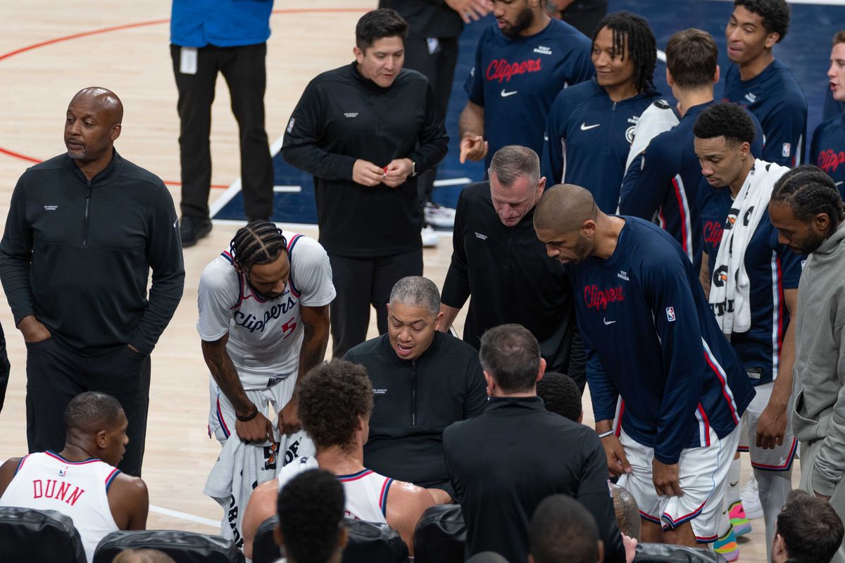 Los Angeles Clippers Coach Tyronne Lue goes over the game plan during an NBA basketball game against the Golden State Warriors, Sunday April 12th, 2026 in Inglewood, California. Los Angeles Clippers Coach Tyronne Lue goes over the game plan during an NBA basketball game against the Golden State Warriors, Sunday April 12th, 2026 in Inglewood, California.