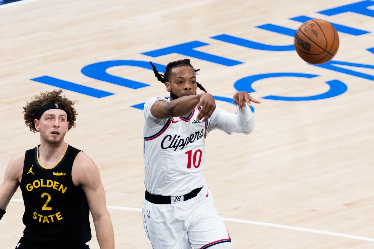 Los Angeles Clippers guard Darius Garland (10) passes the ball during an NBA basketball game against the Golden State Warriors,Sunday April 12th, 2026 in Inglewood, California. Los Angeles Clippers guard Darius Garland (10) passes the ball during an NBA basketball game against the Golden State Warriors,Sunday April 12th, 2026 in Inglewood, California.