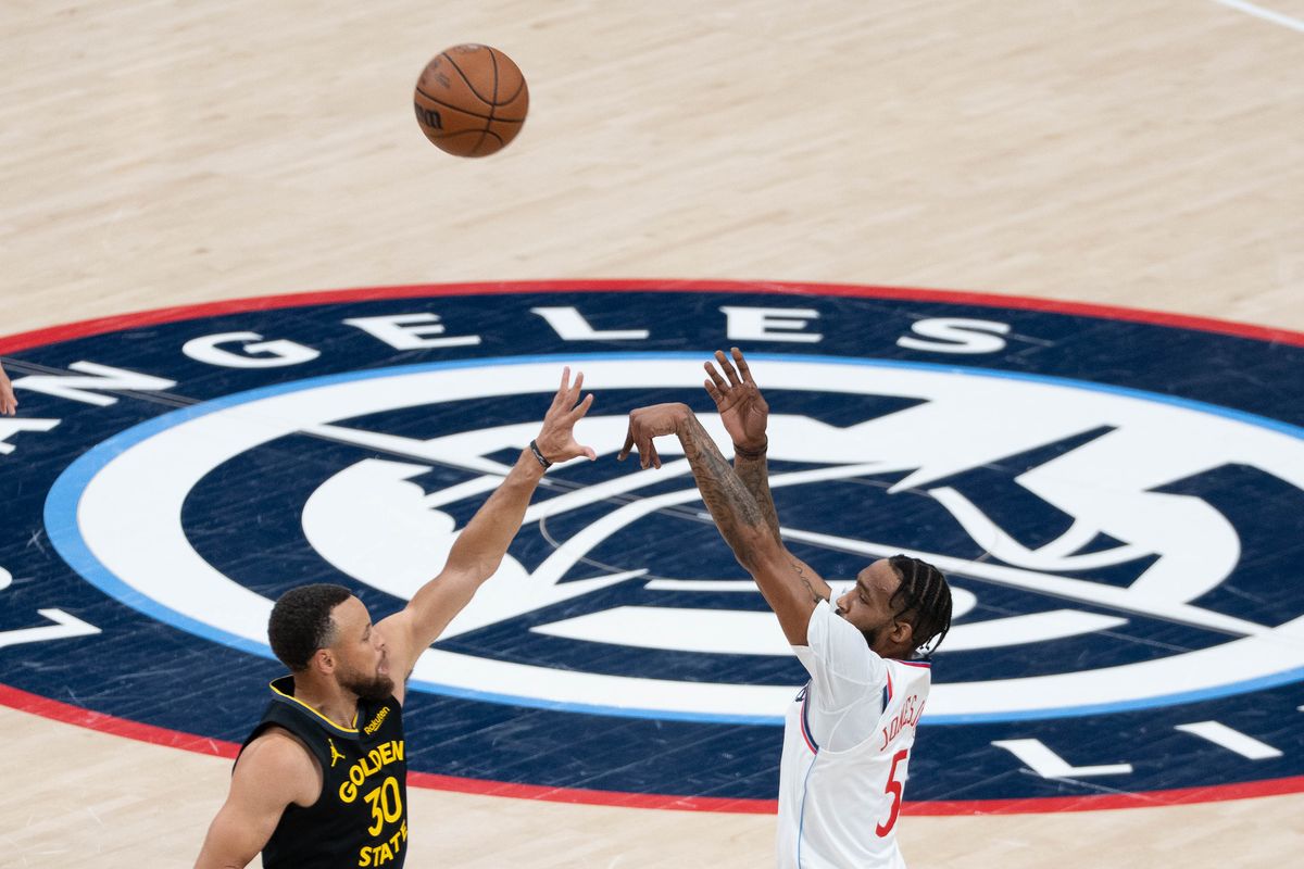 Los Angeles Clippers forward Derrick Jones Jr. (5) shoots a three-pointer during an NBA basketball game against the Golden State Warriors,Sunday April 12th, 2026 in Inglewood, California. Los Angeles Clippers forward Derrick Jones Jr. (5) shoots a three-pointer during an NBA basketball game against the Golden State Warriors,Sunday April 12th, 2026 in Inglewood, California.