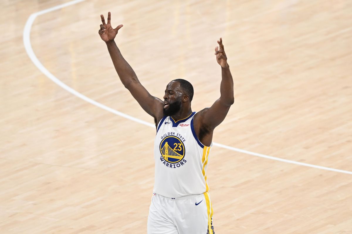 Golden State Warriors forward Draymond Green (23) lifts his hands up after a three pointer by Steph Curry during a game between the Los Angeles Clippers and Golden State Warriors on Wednesday, April 15, 2026 at Intuit Dome in Inglewood Calif Golden State Warriors forward Draymond Green (23) lifts his hands up after a three pointer by Steph Curry during a game between the Los Angeles Clippers and Golden State Warriors on Wednesday, April 15, 2026 at Intuit Dome in Inglewood Calif