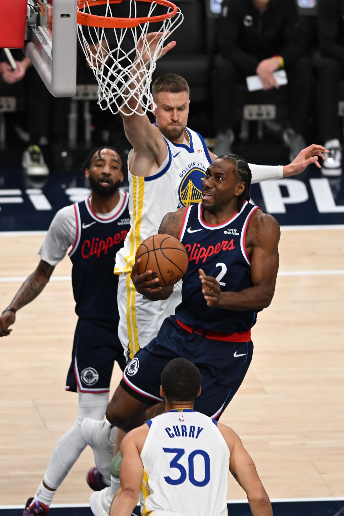 Los Angeles Clippers guard Kawhii Leonard (2) makes a move under the basket during a game between the Los Angeles Clippers and Golden State Warriors on Wednesday, April 15, 2026 at Intuit Dome in Inglewood Calif Los Angeles Clippers guard Kawhii Leonard (2) makes a move under the basket during a game between the Los Angeles Clippers and Golden State Warriors on Wednesday, April 15, 2026 at Intuit Dome in Inglewood Calif