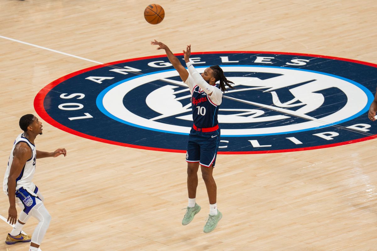 Los Angeles Clippers guard Darius Garland (10) makes a deep three pointer during an NBA basketball game against the Sacramento Kings, Wednesday October 21st, 2026 in Los Angeles, California. Los Angeles Clippers guard Darius Garland (10) makes a deep three pointer during an NBA basketball game against the Sacramento Kings, Wednesday October 21st, 2026 in Los Angeles, California.