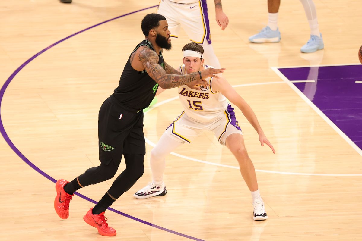 #15 G Austin Reaves of the Los Angeles Lakers guards #41 F Saddiq Bey of the New Orlean Pelicans during an NBA game on November 30, 2025 in Los Angeles, CA. #15 G Austin Reaves of the Los Angeles Lakers guards #41 F Saddiq Bey of the New Orlean Pelicans during an NBA game on November 30, 2025 in Los Angeles, CA.