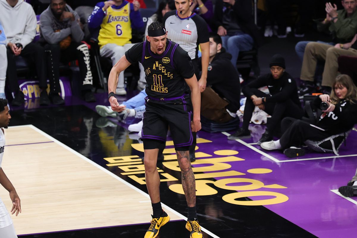 #11 C/F Jaxson Hayes of the Los Angeles Lakers celebrates a slam dunk during an NBA game against the Memphis Grizzlies on January 2, 2026 in Los Angeles, CA. #11 C/F Jaxson Hayes of the Los Angeles Lakers celebrates a slam dunk during an NBA game against the Memphis Grizzlies on January 2, 2026 in Los Angeles, CA.