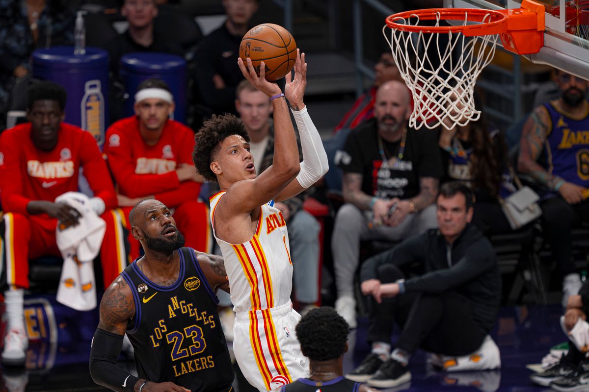 Atlanta Hawks forward Jalen Johnson (1) shooting for 1 point during an NBA basketball game against the Los Angeles Lakers on January 13th, 2026 in Los Angeles, CA.