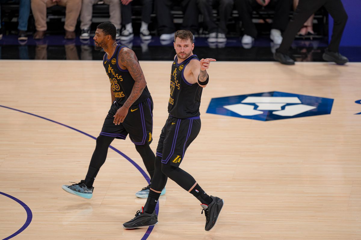 Los Angeles Lakers guard Luka Doncic (77) celebrating a 3 point shot during an NBA basketball game against the Atlanta Hawks on January 13th, 2026 in Los Angeles, CA.