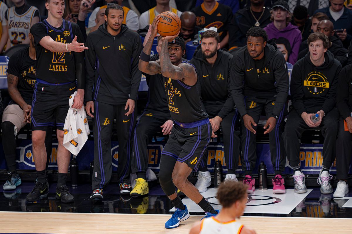Los Angeles Lakers forward Jarred Vanderbilt (2) shooting for 3 during an NBA basketball game against the Atlanta Hawks on January 13th, 2026 in Los Angeles, CA.