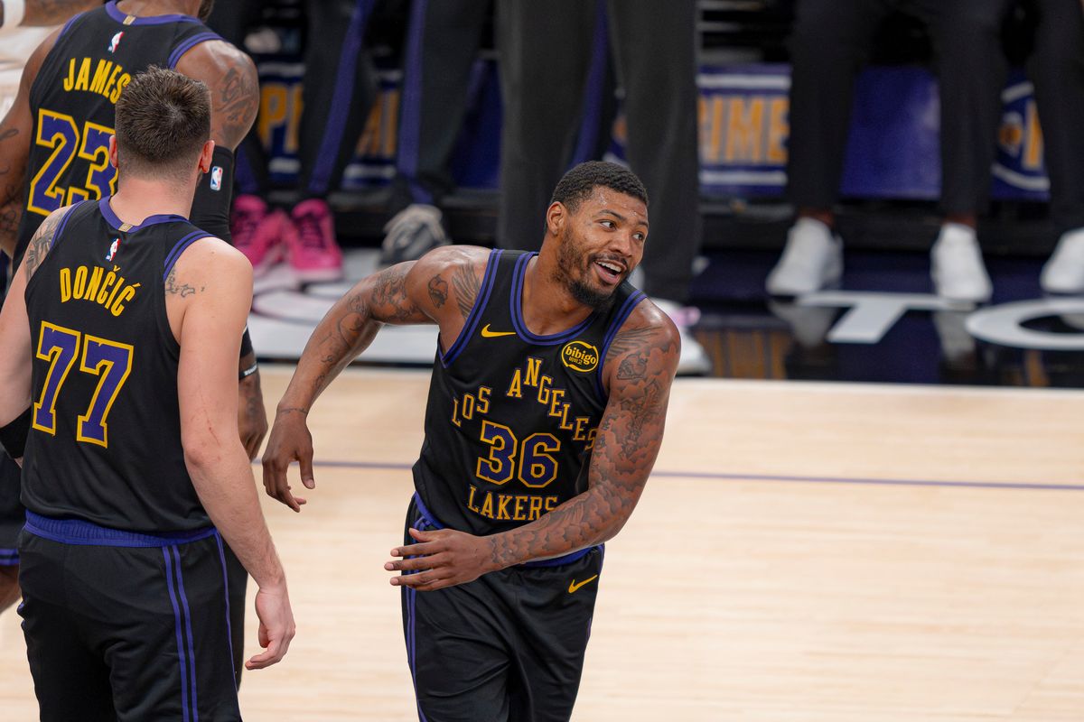 Los Angeles Lakers guard Marcus Smart (36) laughing after a foul is called on Atlanta during an NBA basketball game against the Atlanta Hawks on January 13th, 2026 in Los Angeles, CA.