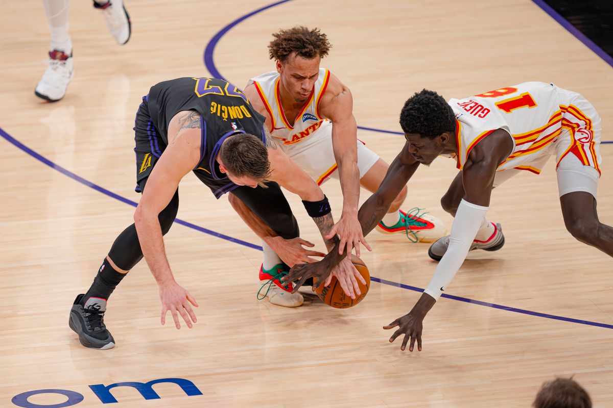 Los Angeles Lakers guard Luka Doncic (77) loses the ball during an NBA basketball game against the Atlanta Hawks on January 13th, 2026 in Los Angeles, CA.