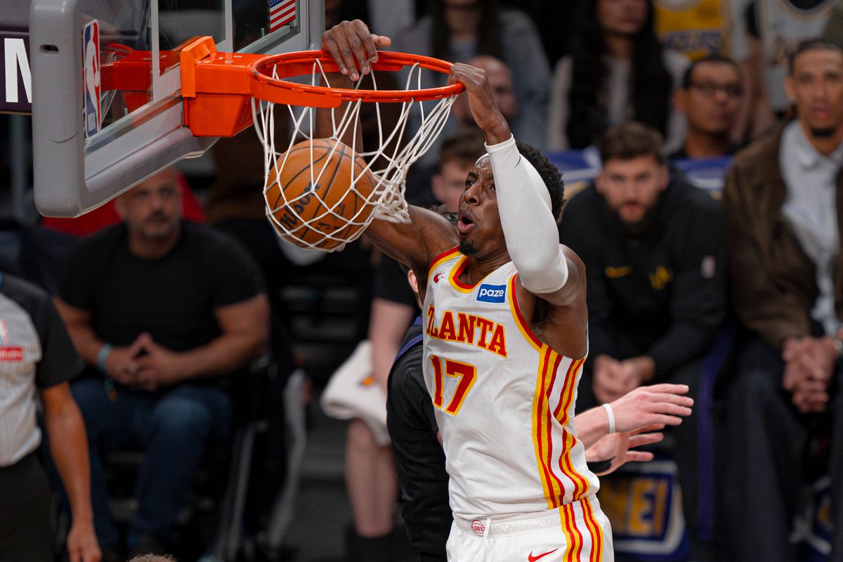 Atlanta Hawks forward Onyeka Okongwu (17) dunking the ball during an NBA basketball game against the Los Angeles Lakers on January 13th, 2026 in Los Angeles, CA.