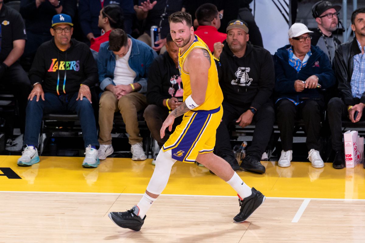 Luka Doncic #77 of the Los Angeles Lakers celebrates a made shot during an NBA basketball game against the Charlotte Hornets, Thursday January 15, 2026 in Inglewood, Calif. Luka Doncic #77 of the Los Angeles Lakers celebrates a made shot during an NBA basketball game against the Charlotte Hornets, Thursday January 15, 2026 in Inglewood, Calif.