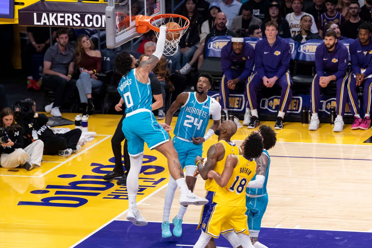 Miles Bridges #0 of the Charlotte Hornets throws down a dunk during an NBA basketball game against the Los Angeles Lakers, Thursday January 15, 2026 in Inglewood, Calif. Miles Bridges #0 of the Charlotte Hornets throws down a dunk during an NBA basketball game against the Los Angeles Lakers, Thursday January 15, 2026 in Inglewood, Calif.