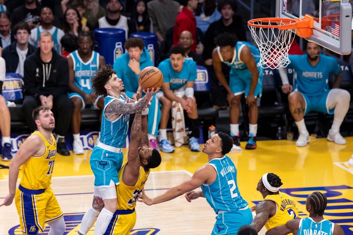 LaMelo Ball #1 of the Charlotte Hornets drives towards the basket during an NBA basketball game against the Los Angeles Lakers, Thursday January 15, 2026 in Inglewood, Calif. LaMelo Ball #1 of the Charlotte Hornets drives towards the basket during an NBA basketball game against the Los Angeles Lakers, Thursday January 15, 2026 in Inglewood, Calif.