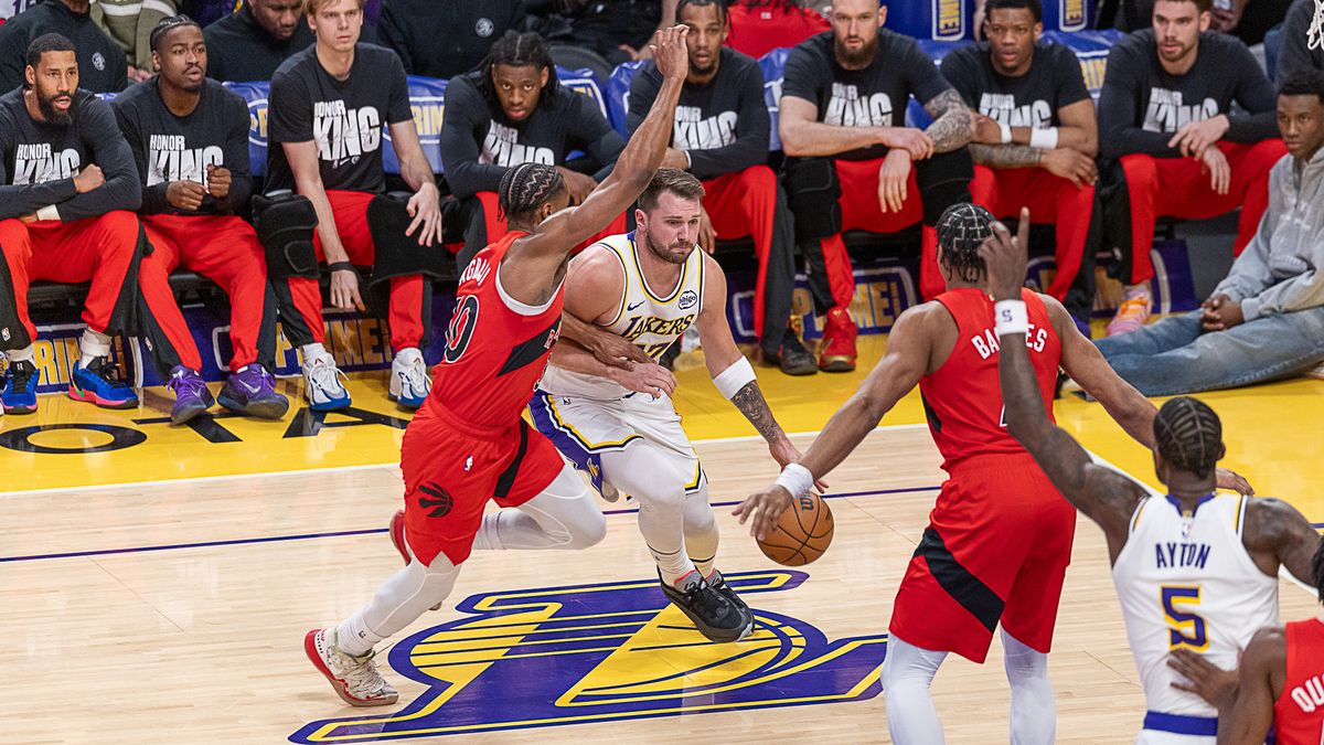 Los Angeles Lakers Luka Doncic 77 dribbles the ball during NBA game against the Toronto Raptors on Sunday January 18th, 2026, in Los Angeles California. Los Angeles Lakers Luka Doncic 77 dribbles the ball during NBA game against the Toronto Raptors on Sunday January 18th, 2026, in Los Angeles California.