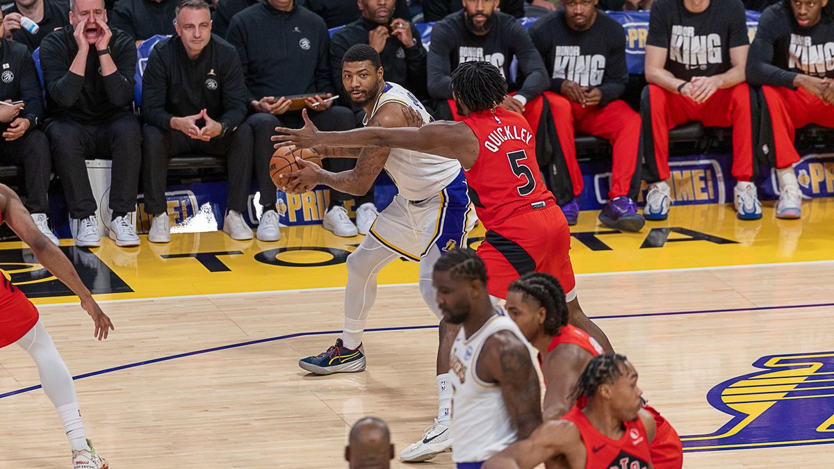 Los Angeles Lakers Marcus Smart 36 dribbles the ball during NBA game against the Toronto Raptors on Sunday January 18th, 2026, in Los Angeles California. Los Angeles Lakers Marcus Smart 36 dribbles the ball during NBA game against the Toronto Raptors on Sunday January 18th, 2026, in Los Angeles California.